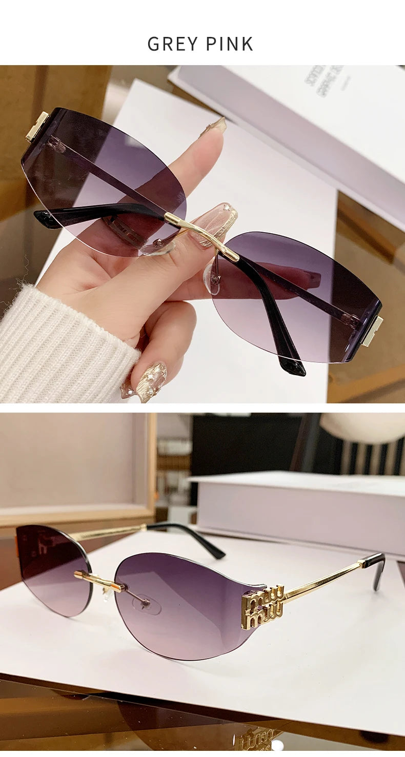 Oversized Rimless Oval Sunglasses – UV400 Metal Frame