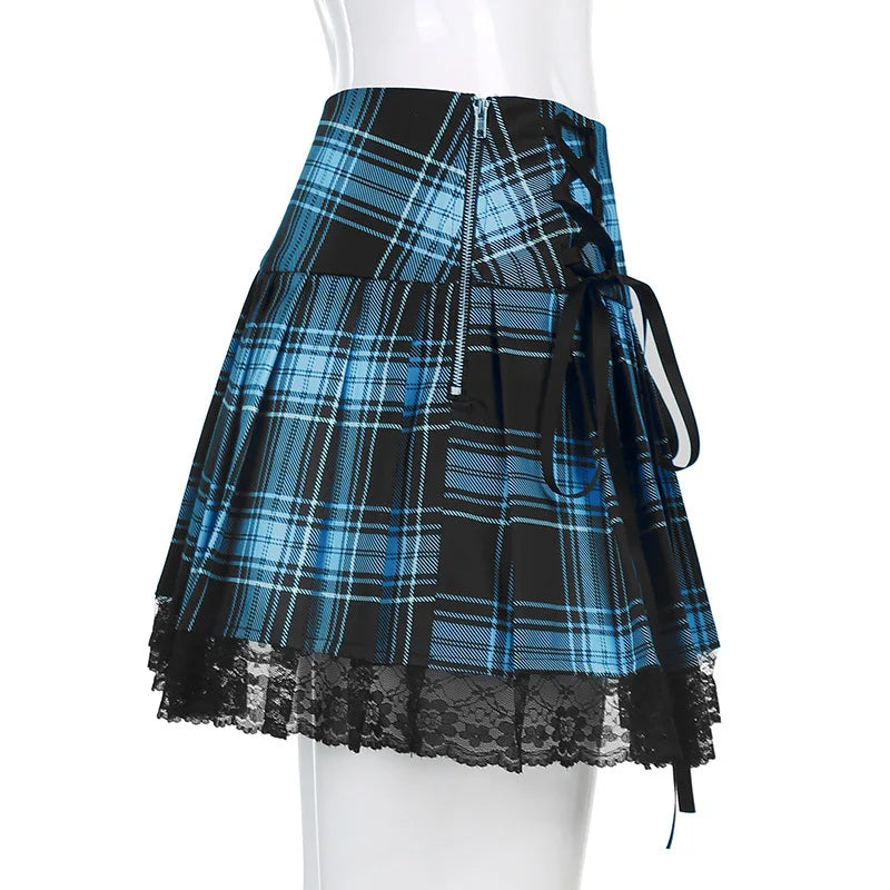 Pink Plaid Y2K Pleated Mini Skirt with Lace Trim