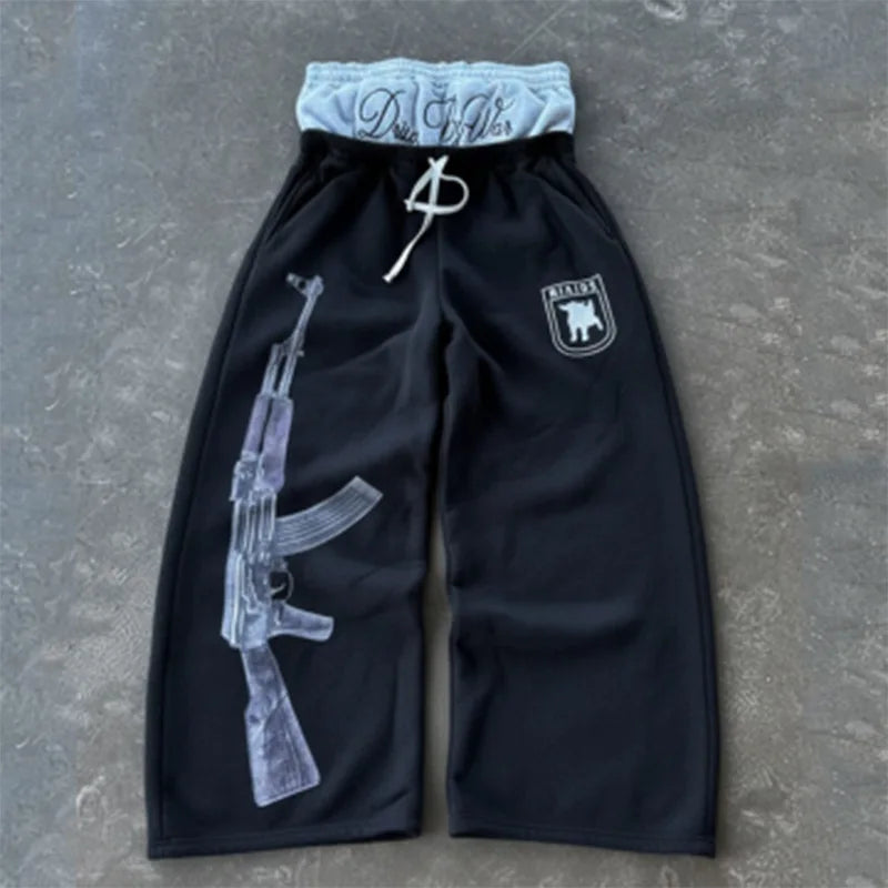 Embroidered Streetwear Pants | Unisex Double-Waist Graphic Bottoms