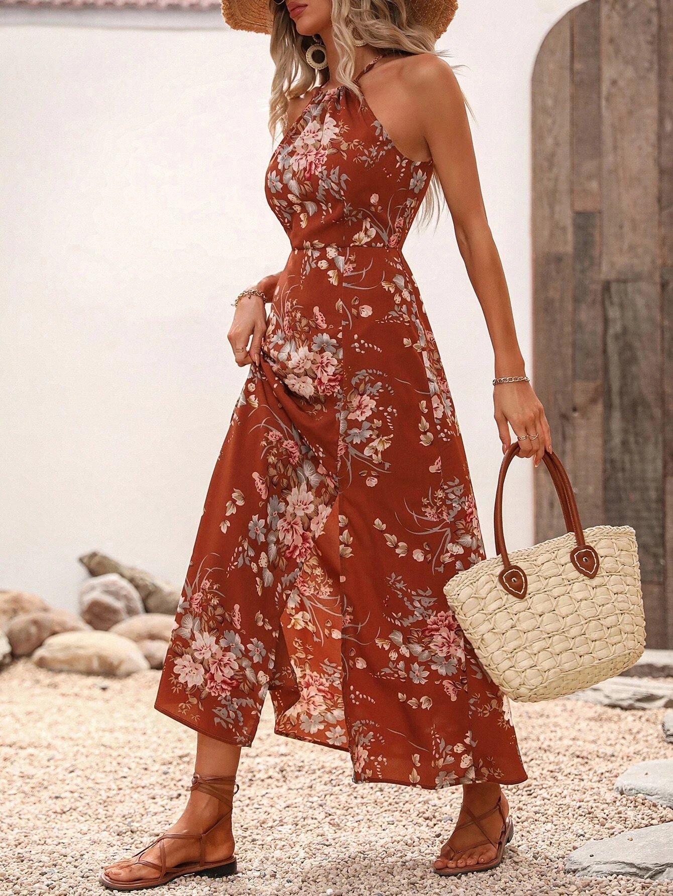 Elegant Floral Print High Slit Halter Dress