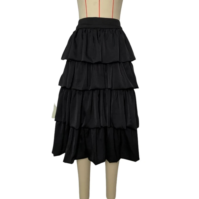 Women's Falbala Layered Elegant High-Waist A-Line Skirt - Black