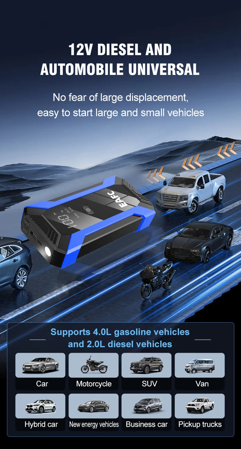 EAFC 12V  Car Jump Starter Power Bank Portable Car Battery Booster ChargerStarting Device Auto Emergency Start-up Lighting