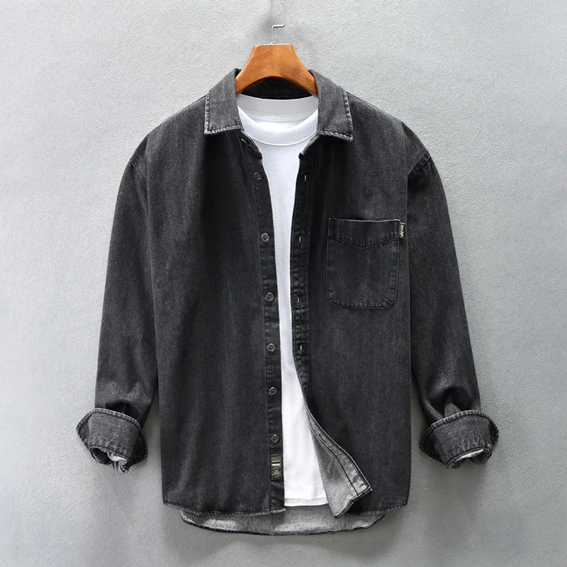 Retro American Washed Denim Jacket Loose Casual Long Sleeve Shirt for Men Autumn Fashion Urban Style Cotton Machine Washable