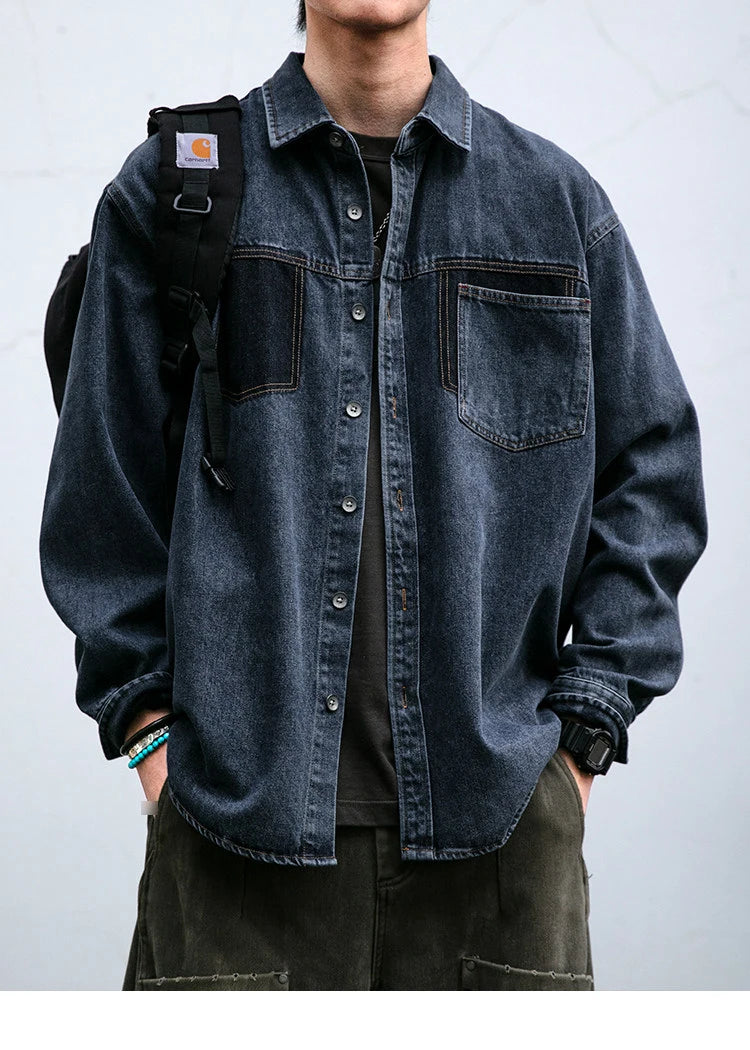 Mens High Quality Custom Weave Slub Deconstructed Patchwork Denim Shirt Trendy Distressed Wash Streetwear Casual Long Sleeve