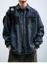 Mens High Quality Custom Weave Slub Deconstructed Patchwork Denim Shirt Trendy Distressed Wash Streetwear Casual Long Sleeve