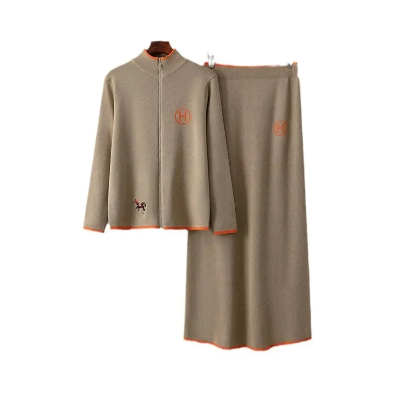 American-Made Luxury: Women’s Two-Piece Embroidered Wool Knit Jacket & Skirt Set