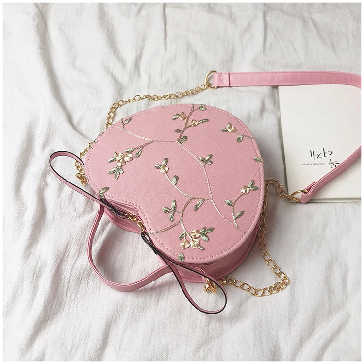 Female Sweet Lace Heart Round Handbags High Quality PU Leather Cross Body Bags for Women Small Fresh Flower Chain Shoulder Bags