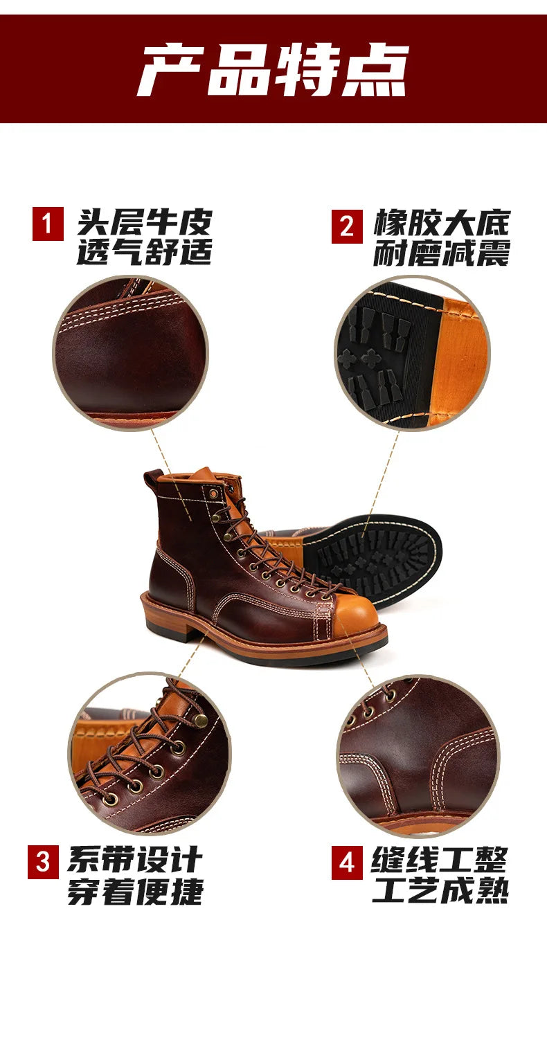 KOWM Hiking shoes men's cowhid boots British leather trekking shoes thick soled ankle sneakers cowhide high top motorcycle boots