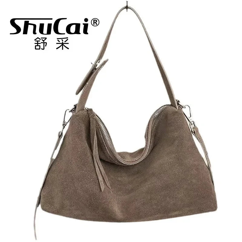 Genuine Leather Fashion Autumn Winter Boston Tote Soft Matte Suede Cow Leather Women's Handbag Shoulder Crossbody Bag For Women