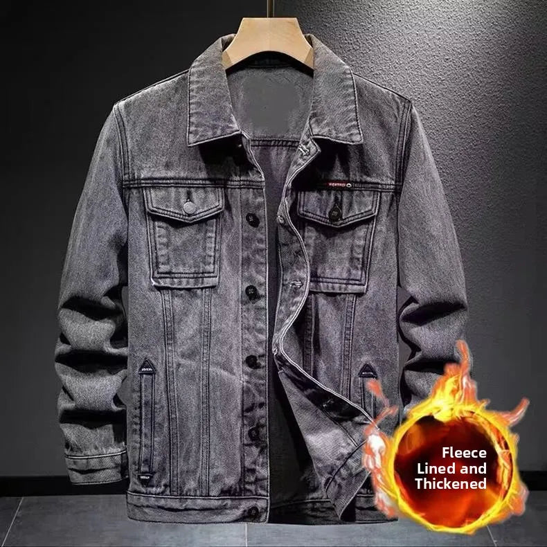 Trendy Workwear Casual Denim Jacket Thickened Fleece Lined Men's Clothing Versatile Jeans Outerwear for Youth