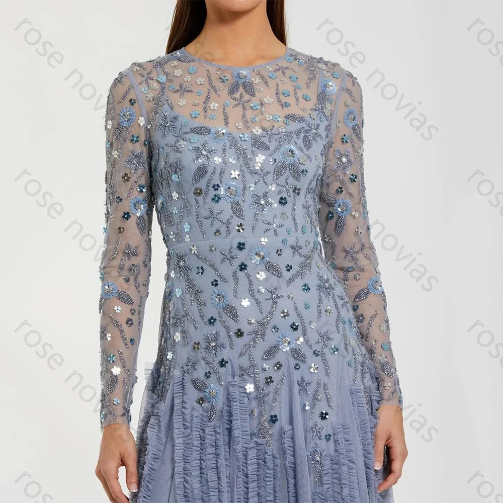 Customized Gray Tulle High Quality Evening Dress Scoop for Floor-Length with Beads A-line for Formal Evening Vestidos De Fiesta