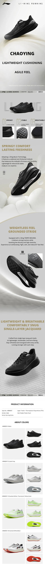 Li-Ning Men's CHAOYING Cushion Running Shoes BOOM Lightweight Springy TEMPO BOUNSE Soft LiNing Comfortable Sneakers ARBW007