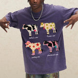 Cute Cartoon Cow Print T-Shirt Pure Cotton Washed Shoulder Round Neck Neutral Style Fashion Trend New High Quality Short Sleeves
