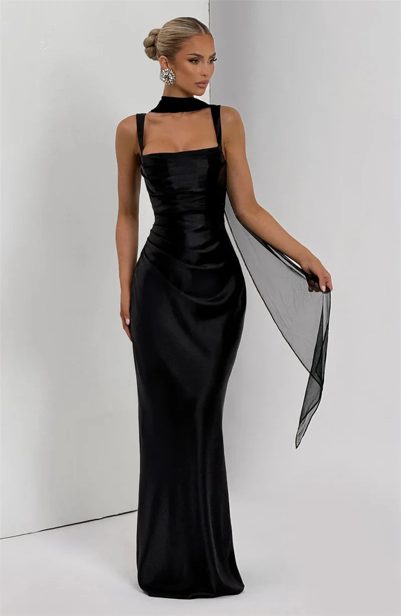 Elegant Backless Satin Maxi Dress – Sleeveless Halter Bodycon Party Gown