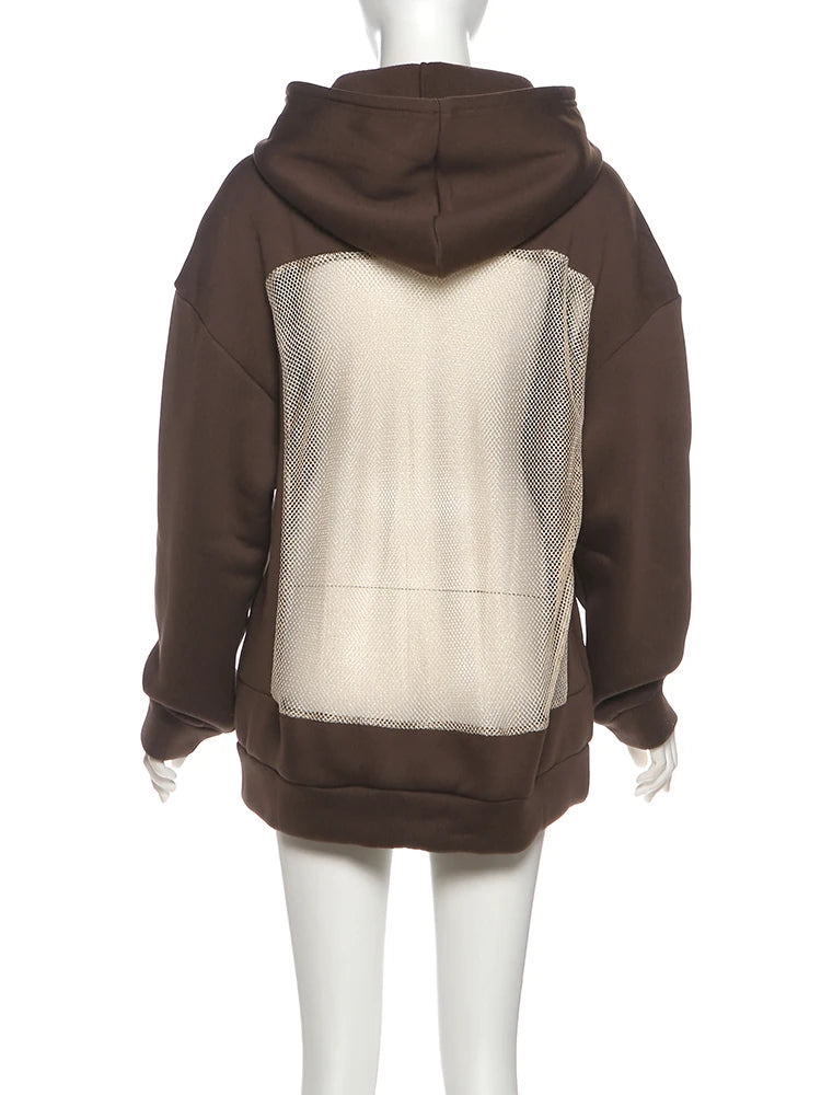 Sisterlinda Hooded Harajuku Sweatshirt Women Autumn Trend Backless ShinyThrea Mesh Patchwork Casual Street Hipster Pulloverr