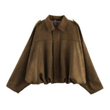 YENKYE New 2025 Women Suede Textured Bomber Jacket Long Sleeve Lapel Collar Loose Coats Casual Female Outerwear Chic Tops