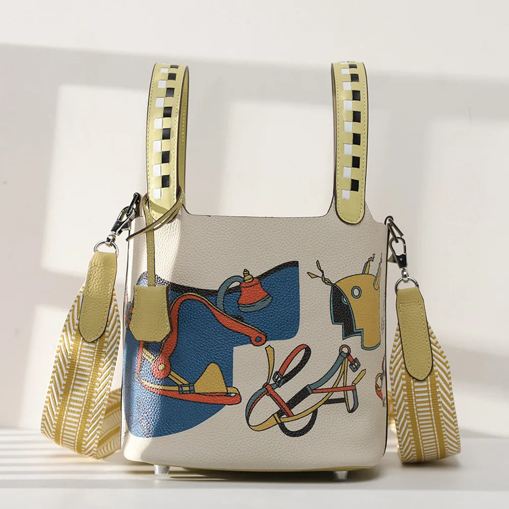 Purses and Handbags Bags for Women Painting Vegetable Basket Handbag Adjustable Shoulder Strap Genuine Leather Bucket Bag