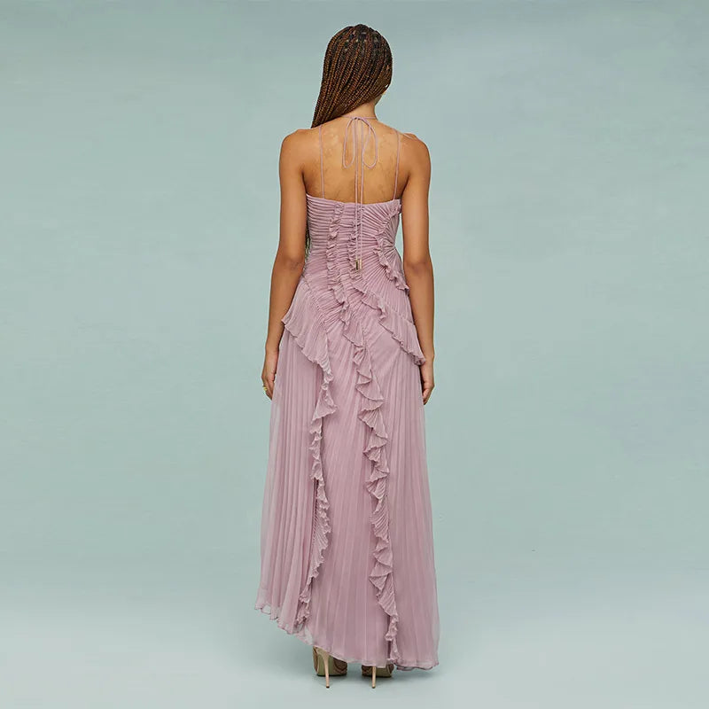 Elegant Lotus Edge Halter Maxi Dress