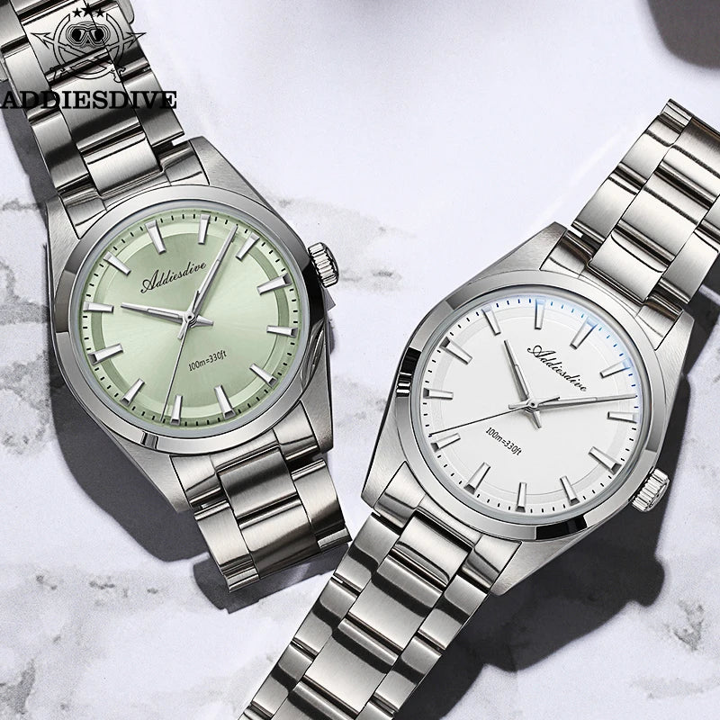 ADDIESDIVE 36MM Simple Stainless Steel Men's Watch Bubble Mirror Glass Luxury Quartz Watches 100M Waterproof AD2066 Reloj Hombre