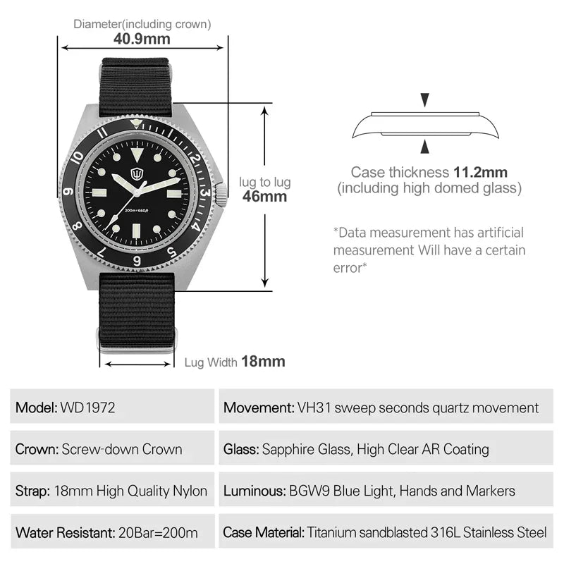 Watchdives WD1972 Quartz Watch VH31 Sweep Seconds Movement Sapphire Glass Stainless Steel Watches Waterproof Luminous Wristwatch