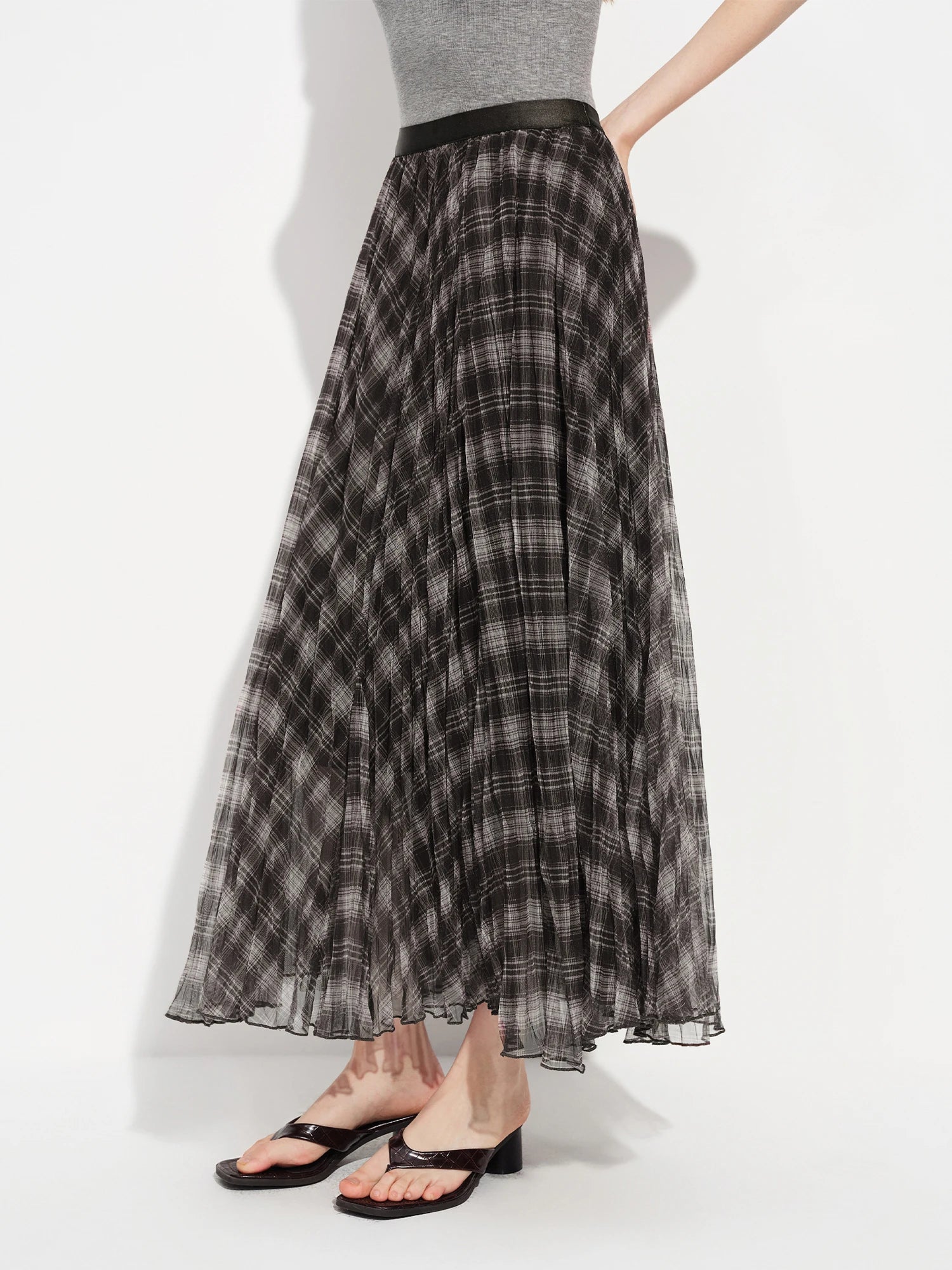 FSLE Retro Plaid Mesh A-line Skirt for Women New Spring Style for 2026 Flowing Draped Skirt Ankle-length Streetwear Citywalk Ins