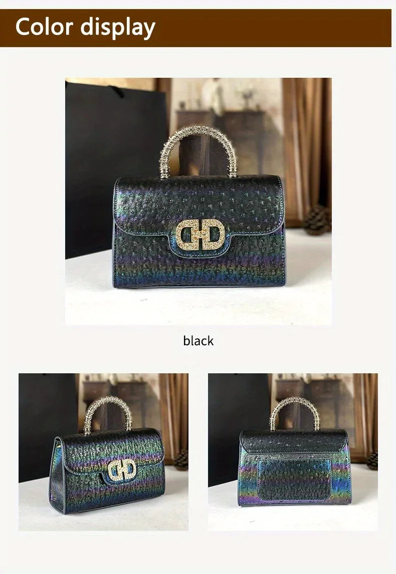 Advanced Ostrich Pattern Diamond Inlaid Women's Handbag New Fashionable High-End Shoulder Crossbody Bag