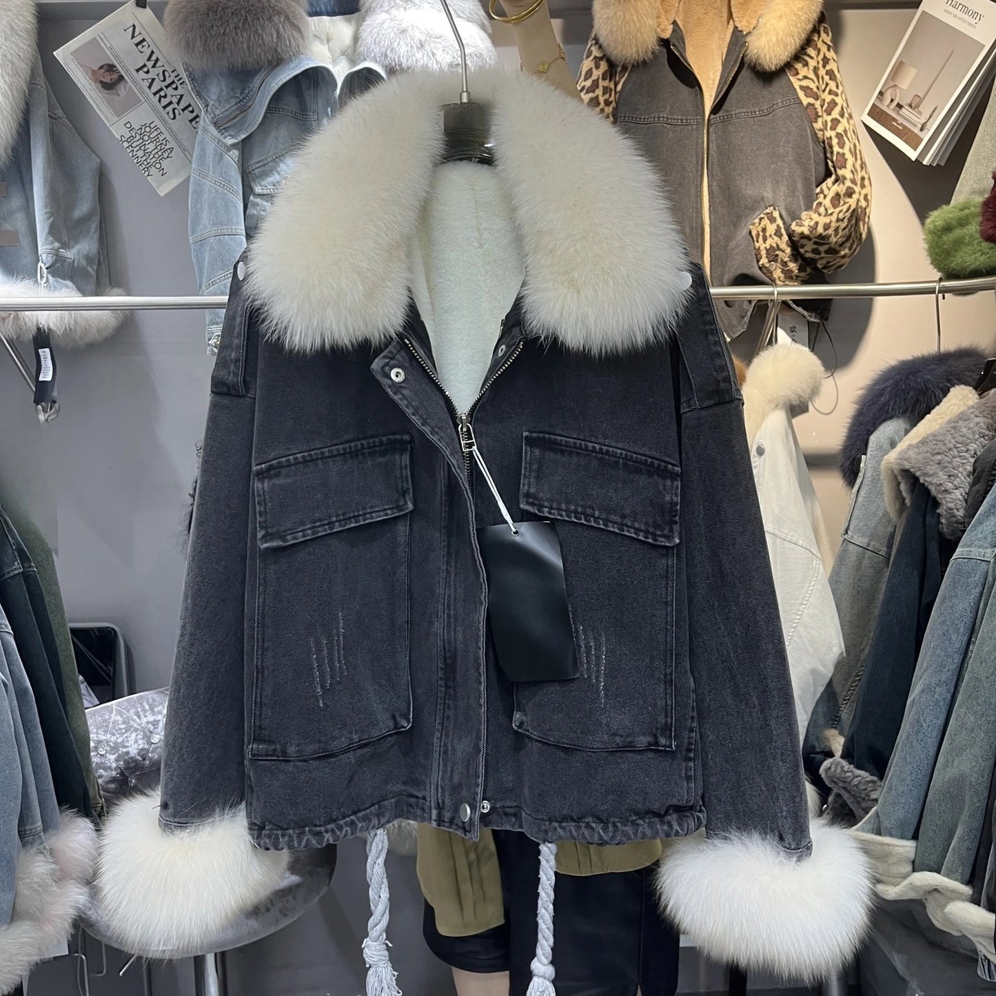 Women's Fox Fur Denim Winter Jacket – 2025 USA Streetwear Edition
