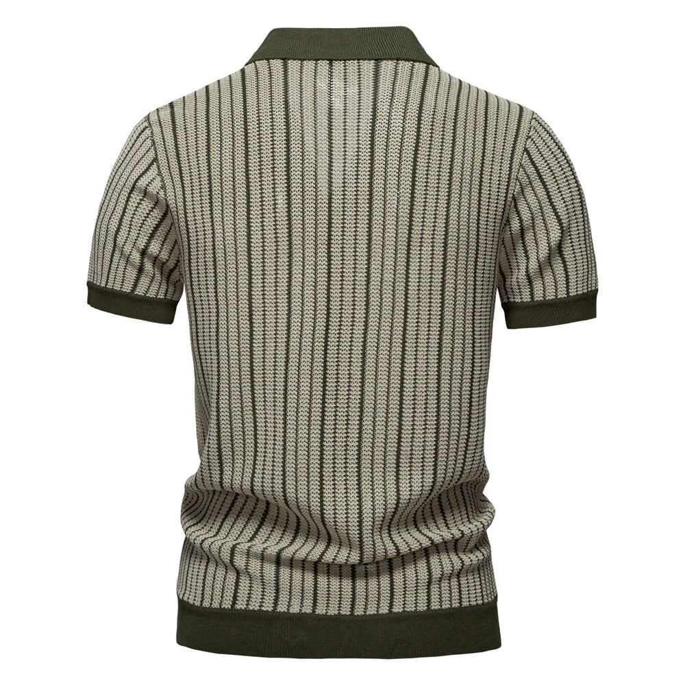Men's Striped Mesh Polo – Contrast Panel, Breathable