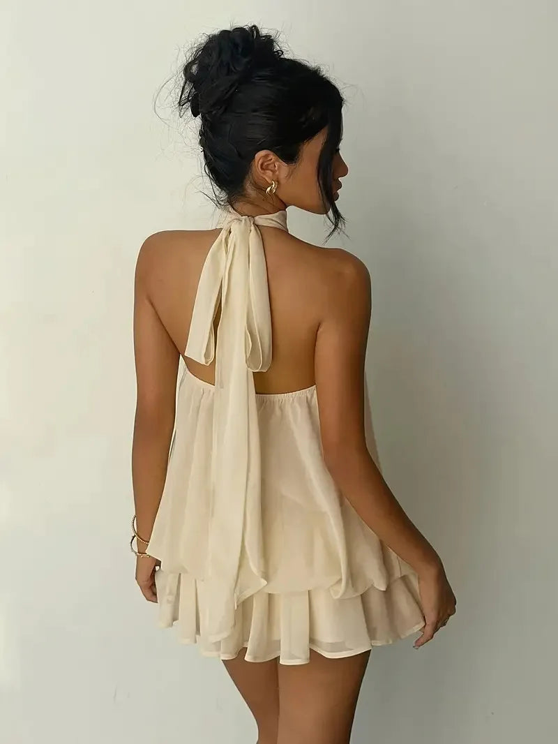 Women's Halter Neck Backless Tie-Front Mini Dress