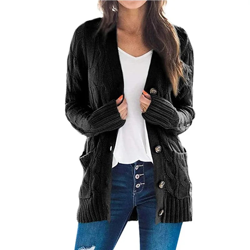 Women's V-Neck Button-Down Cardigan – Soft Loose Fit Knitted Sweater Jacket