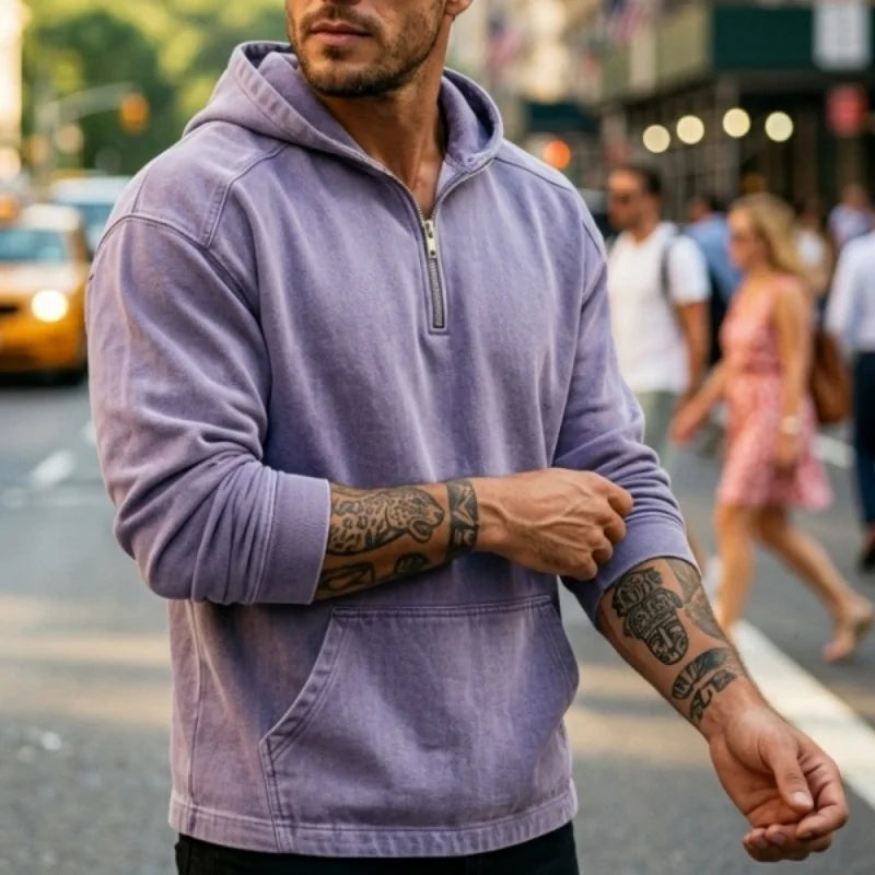Spring/Autumn Men's Hoodie Denim Streetstyle Zip-Up | Short-Sleeved Sweatshirt | New Casual & Versatile Casualwear Top for Man