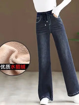 Winter Wide Leg Denim Pants Women Thicken Plush Velvet Lined High Waist Jeans Lace Up Warm Baggy Straight Vaqueros Pantalones