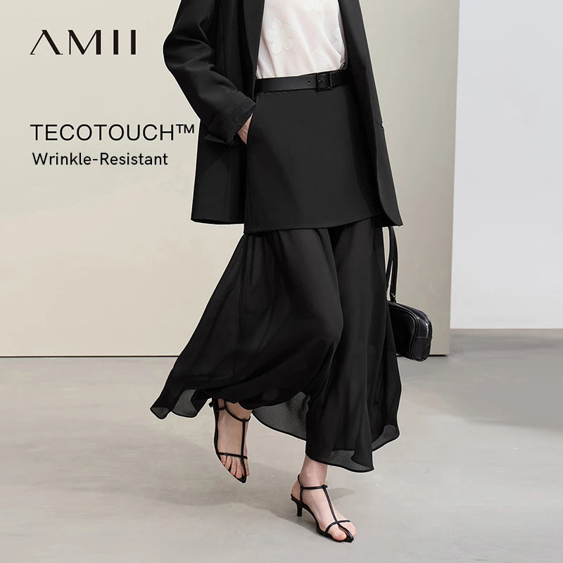 Amii Women's Skirt 2026 Autumn New Elegant Patchwork Chiffon Long Skirt Solid Color Straight Versatile Woman Clothes 12641047