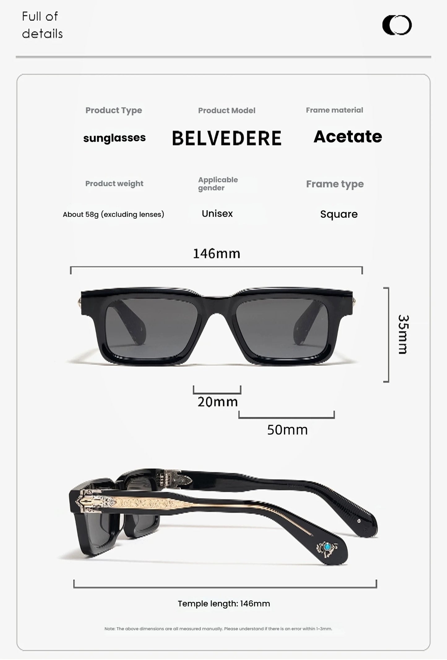 PRILEY Belvedere Vintage Square Sunglasses for Men & Women