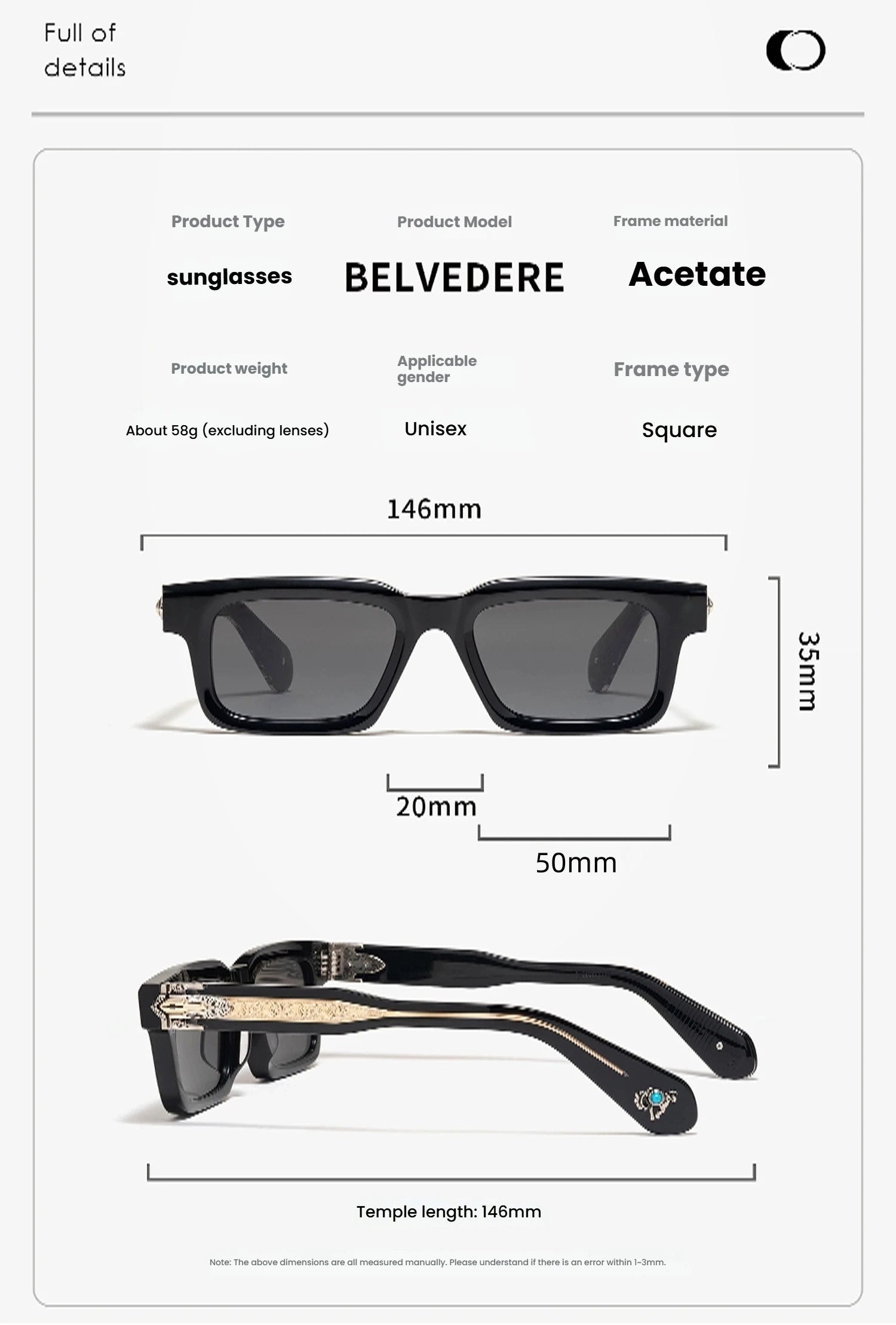 PRILEY Belvedere Vintage Square Sunglasses for Men & Women