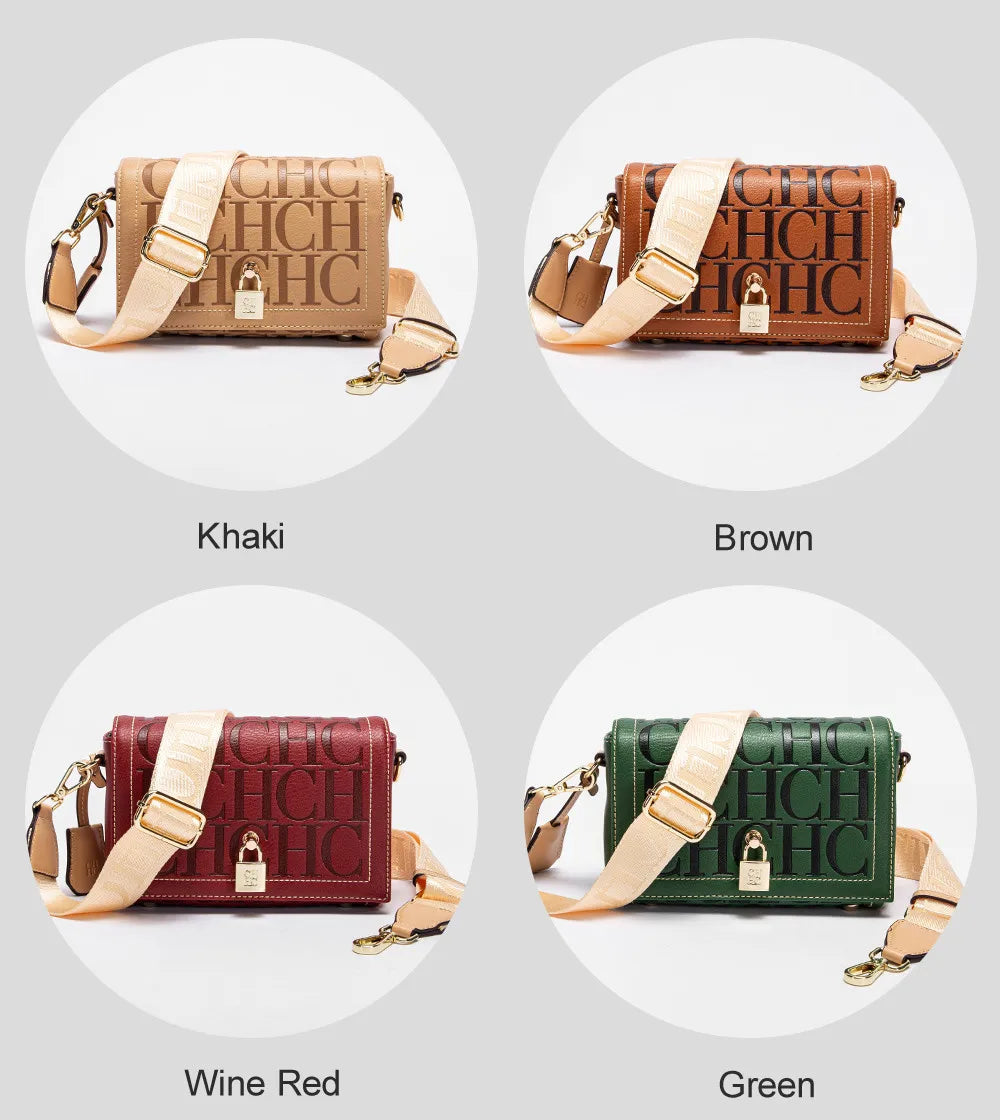 CH Crossbody Bag For Women Luxury Monogram Leather Handbag Fashion Wide Strap Shoulder Bag Elegant Lock Flap Bag For Daily Use