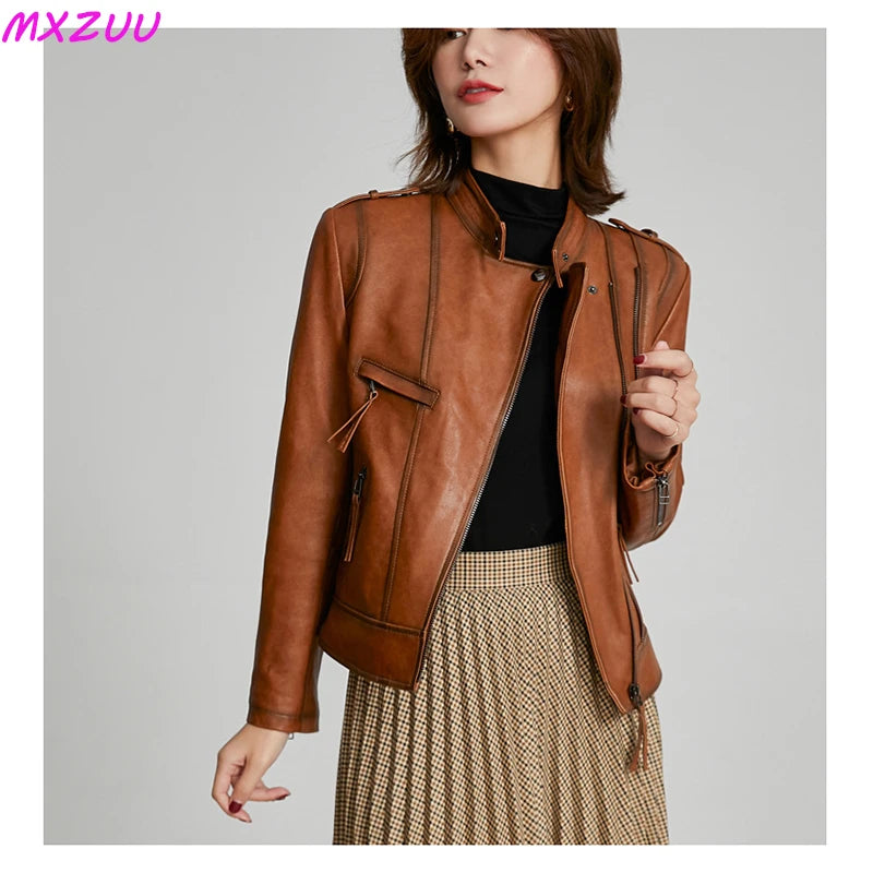 Women's Short Genuine Sheepskin Biker Jacket