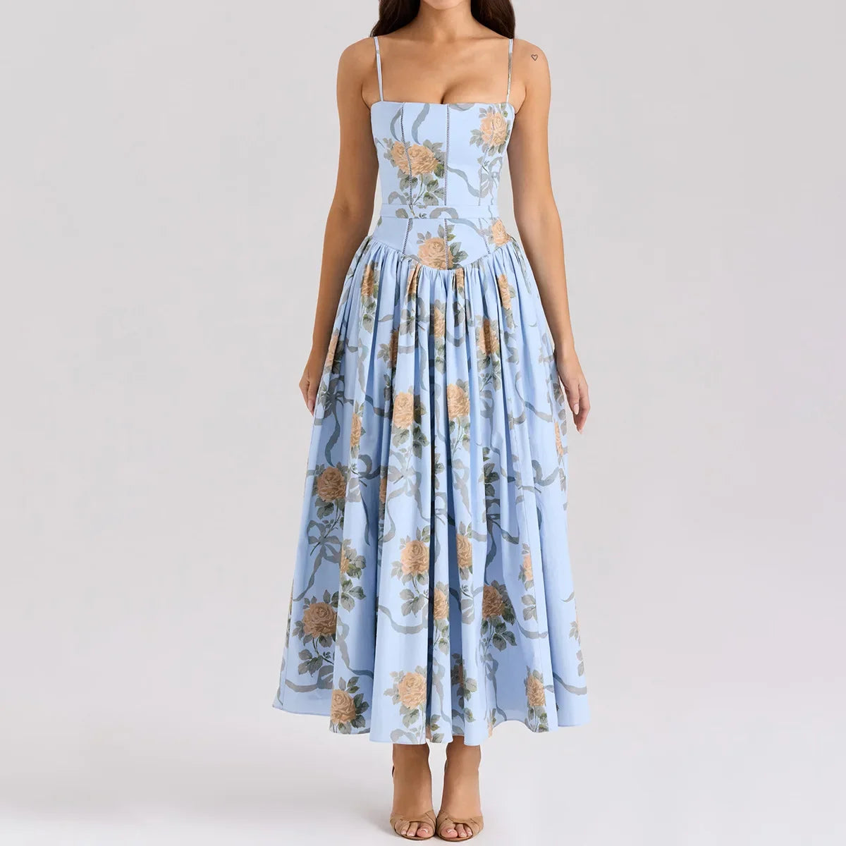 Floral Print Spaghetti Strap Midi Sundress - Elegant Boho Chic Summer Beach Dress