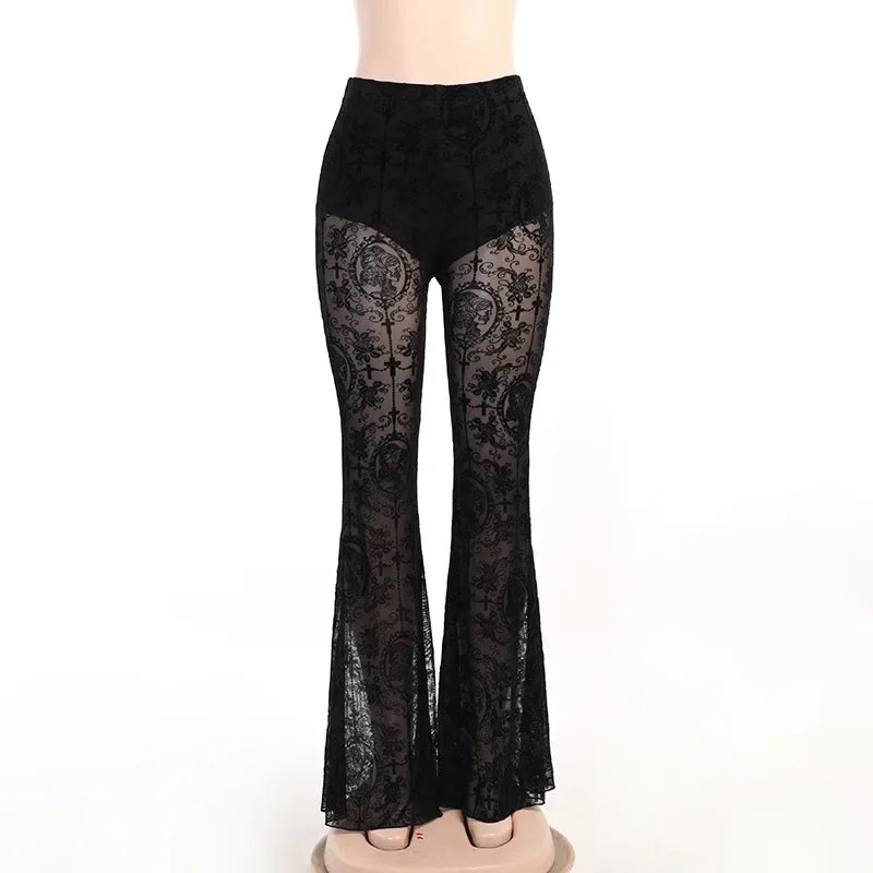 Women's High-Waist Mesh Lace Flare Pants