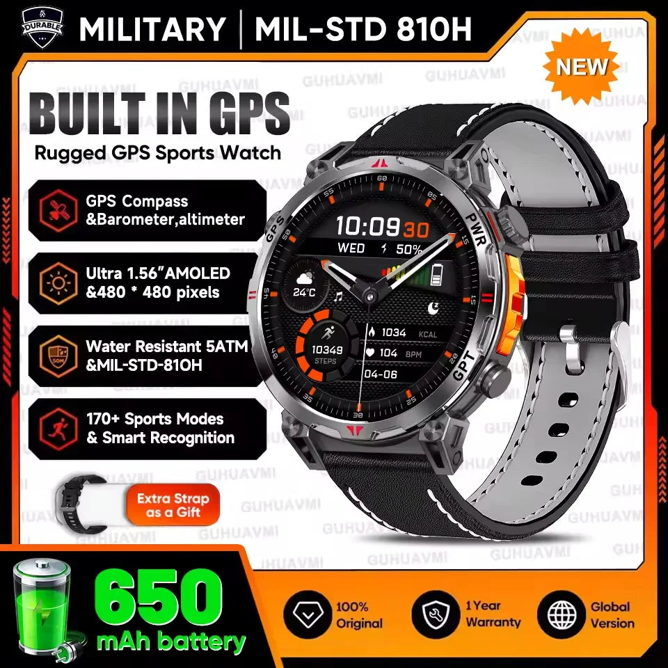 New Upgrade GPS Outdoor Sports SmartWatch Men With 5ATM Swim Compass Altimeter 1.56" AMOLED Heart Rate Bluetooth Call Smartwatch
