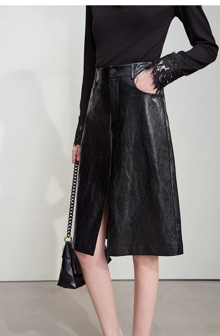 AMII Minimalist PU Leather Skirt for Women
