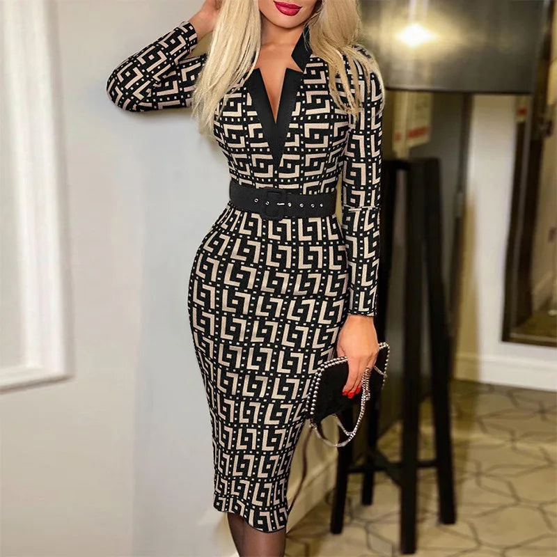 Elegant Geometric V-Neck Belted Midi Dress