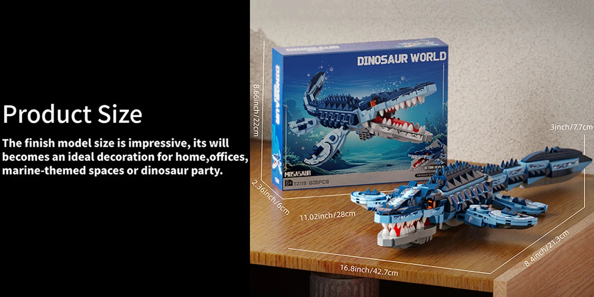 805PCS Blue Dinosaur Building Blocks Toys Model Mosasaurus Dinosaur Assemble Puzzle Bricks Toy Sets For Kid Ornament Gifts
