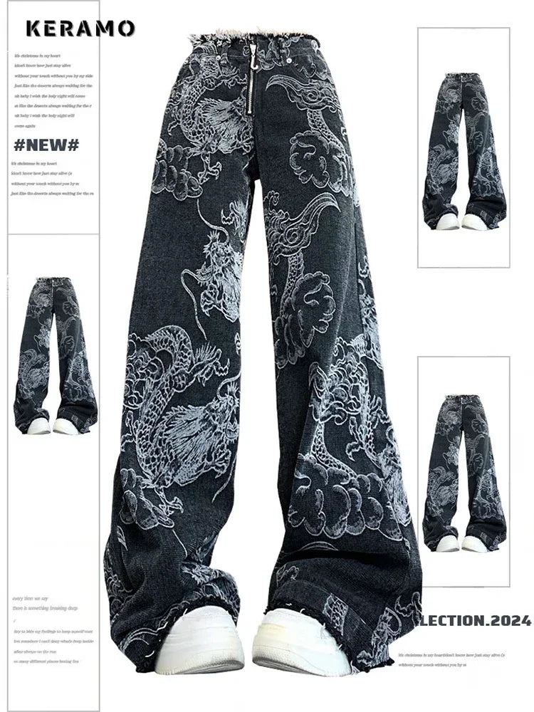 Y2K Dragon Print Baggy High-Waist Denim Jeans for Women
