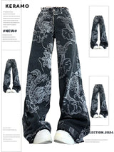 Y2K Dragon Print Baggy High-Waist Denim Jeans for Women