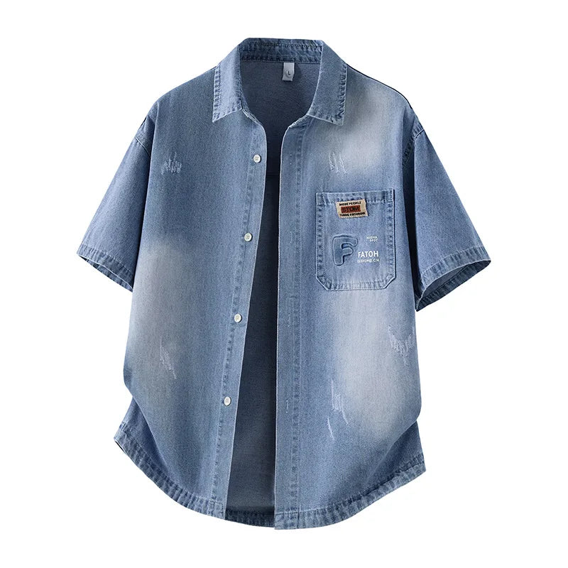 Men's Casual Black Denim Shirt Short Sleeve Loose Fit Gradient Washed RESPECT Embossed Summer Streetwear Button Up Blouse