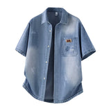 Men's Casual Black Denim Shirt Short Sleeve Loose Fit Gradient Washed RESPECT Embossed Summer Streetwear Button Up Blouse