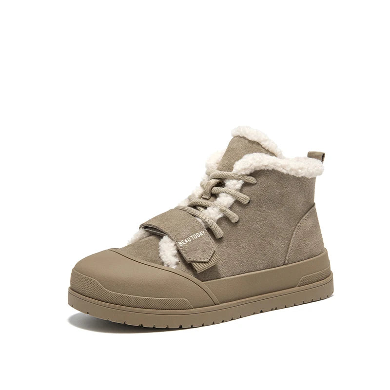 BeauToday Furry Flats Women | Cow Suede Warm Shoes