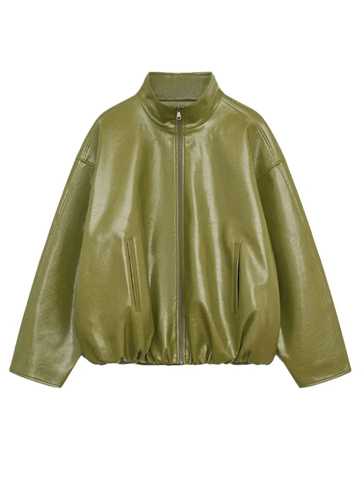 Vintage Green Leather Skirt Sets Women Fashion Solid Strapless Short Skirts Zipper Jacket Outfits Lady Daily Highstreet Outfits