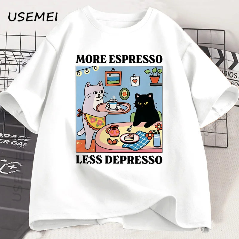 More Espresso Less Depresso Black Cat T-shirt Men Women Funny Coffee Cat T Shirt Casual Summer Cotton Short Sleeve Tshirt Tops